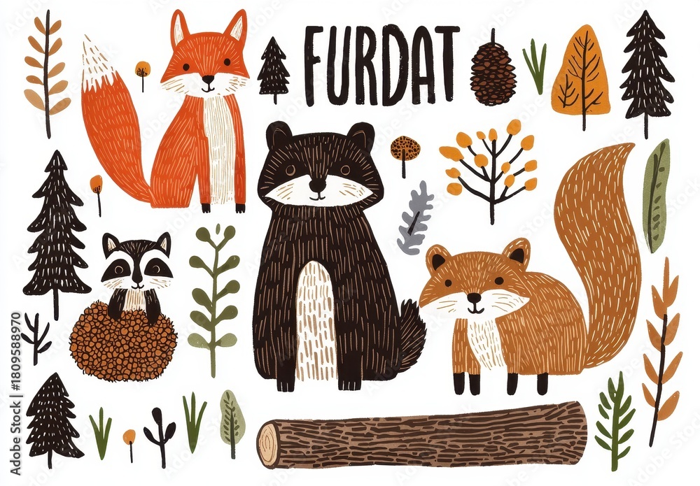 Obraz premium Cute Woodland Animals with Trees and Foliage in Cartoon Style