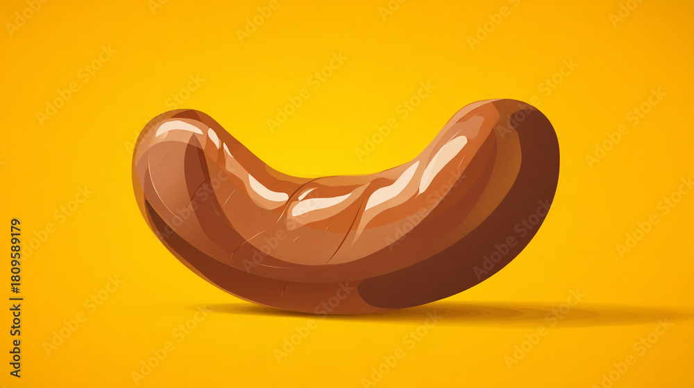 Fototapeta premium A single brown sausage on a yellow background in a studio setting with shadow