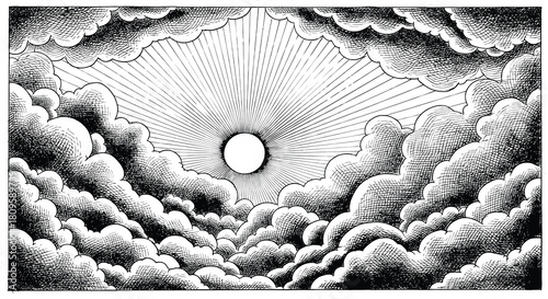 Engraved sky illustration with bold lines and clouds. Vintage black and white art featuring detailed texture and classic atmospheric design.