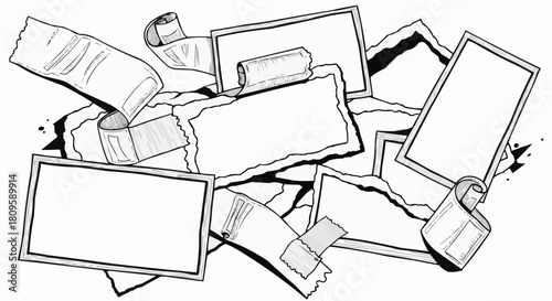 Pile of Torn and Rolled Paper Pieces with Frames.