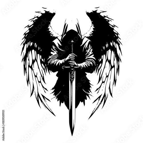 Minimalist dark angel warrior with sword vector illustration for fantasy art and gothic design and tattoo inspiration vector