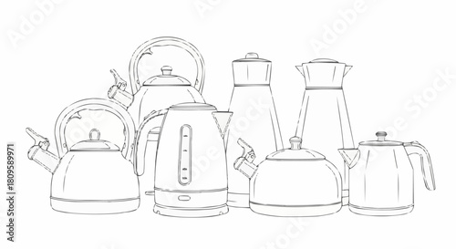Collection of Various Kettles and Teapots in Line Art Style.