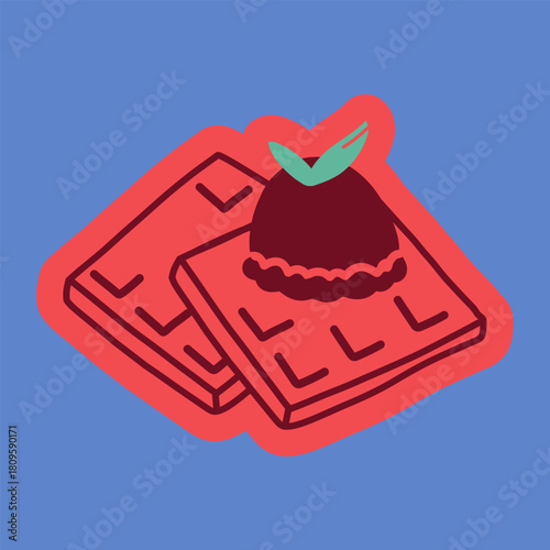 Vector illustration of a delicious dessert featuring golden waffles topped with scoops of creamy ice cream, drizzled with chocolate syrup and garnished with fresh fruits and nuts.