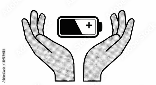 Hands holding a battery symbol representing energy and power concept.
