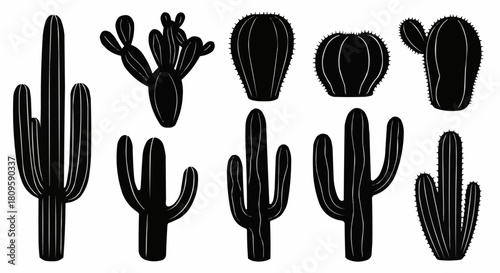 Silhouette Collection of Various Cactus Plants in Black and White.