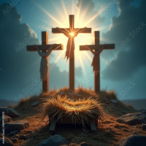 Christian Narrative: The Manger and the Cross Illuminated by Divine Light