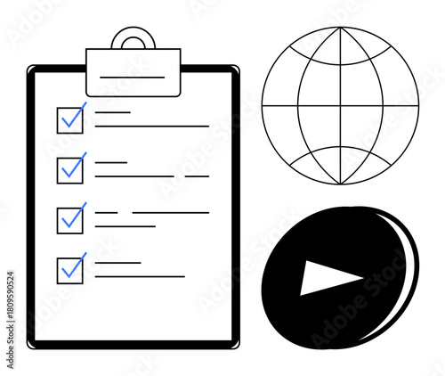 Task checklist with blue checkmarks, globe symbol for global representation, and play button for interactive content. Ideal for productivity, planning, education, global access, online learning