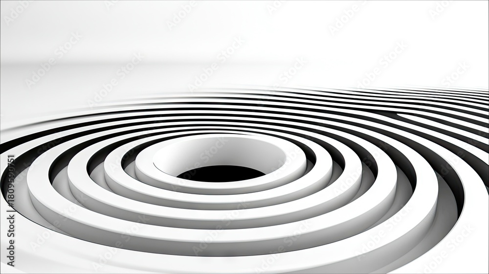 Obraz premium A minimalist abstract design featuring concentric white rings that transition into black and white stripes.