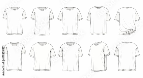Collection of blank white t shirts in various styles for design and fashion.