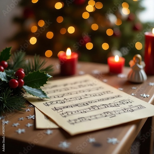 Vintage Christmas Sheet Music Surrounded by Candlelight and Festive Decorations