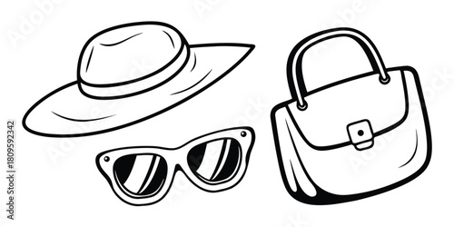 A stylish hat, sunglasses, and handbag are arranged together for a fashion illustration.