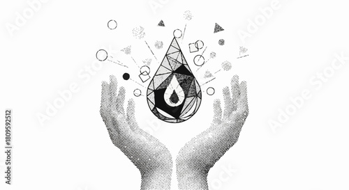 Hands cradling a stylized water drop with abstract elements.