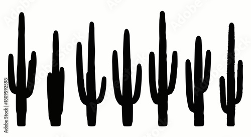 Silhouetted Saguaro Cactus Row - Desert Flora Icons in Black and White.