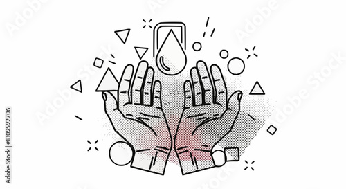 Hands receiving water drop illustration, hygiene and cleanliness concept.