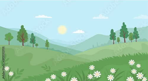 Sunny Spring landscape with trees, mountains, hills and blooming white flowers. Seasonal Nature poster. Minimal springtime flat horizontal background. Vector illustration. Not AI