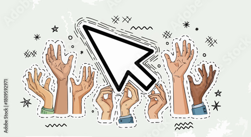 Diverse Hands Reaching for a Digital Cursor, Collaboration and Interaction.