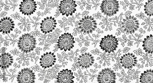 Floral pattern design with detailed black and white flower elements.