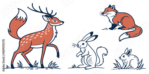 A stylized illustration shows a deer, a fox, and two rabbits in a natural setting.