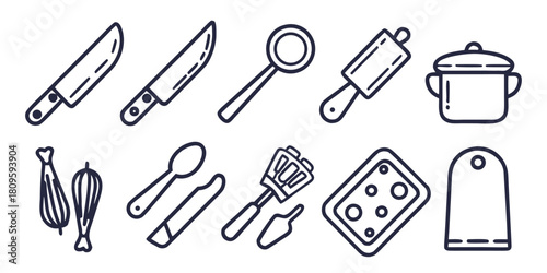 A collection of simple line drawings of kitchen utensils and cooking equipment.