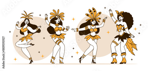 Carnival Happy Pretty Women Dancers in Masquerade Costumes with Feathers. Isolated Color Hand-Drawn Doodle. Vector Illustration. Not AI