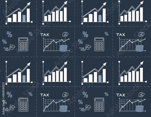 Seamless pattern background with financial icons, illustrating concepts of economic growth, investment returns, and tax calculations with charts