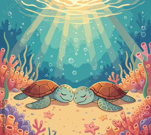 CHILDREN'S STORYBOOK STYLE ILLUSTRATION OF THE BEAUTIFUL LIFE OF TURTLES ON THE OCEAN BOTTOM WITH COLORFUL CORAL AND BLUE SEA WATER	