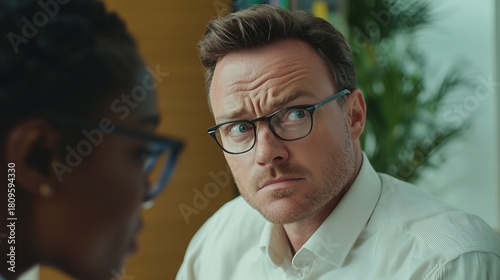 Two people in a tense conversation, highlighting power dynamics and potential gender conflict.