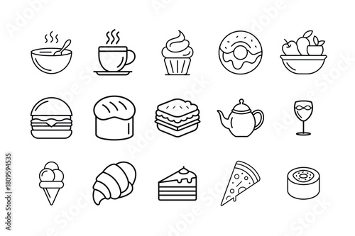Set of 15 food and drink line art icons isolated on a white background.