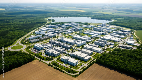 Aerial view of a modern business park surrounded by lush green forests and a tranquil lake