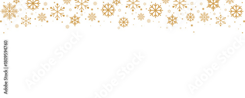 Elegant Christmas and winter vector border with falling golden snowflakes and small stars along the top edge of a plain white background. Horizontal design ideal for banners, headers, greeting card ba