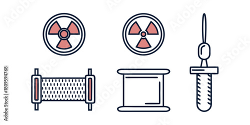 A collection of scientific and industrial icons including radiation symbols, a spool, and a scientific tool.