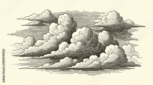 Engraved sky illustration art with black bold lines for design and print