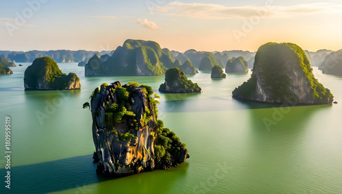 Iconic limestone karsts of ha long bay vietnam at sunset