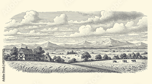 A highly detailed vintage landscape engraving depicting a peaceful countryside scene with traditional houses, wheat fields
