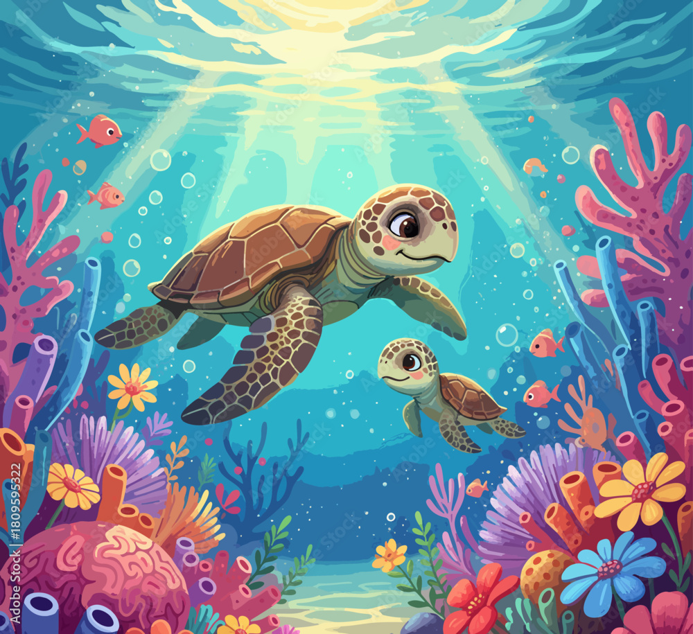 Naklejka premium CHILDREN'S STORYBOOK STYLE ILLUSTRATION OF THE BEAUTIFUL LIFE OF TURTLES ON THE OCEAN BOTTOM WITH COLORFUL CORAL AND BLUE SEA WATER 