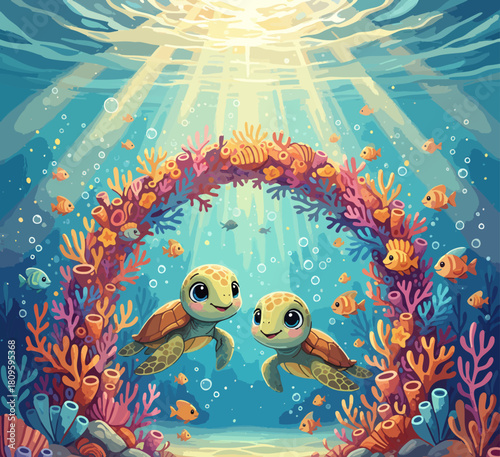CHILDREN'S STORYBOOK STYLE ILLUSTRATION OF THE BEAUTIFUL LIFE OF TURTLES ON THE OCEAN BOTTOM WITH COLORFUL CORAL AND BLUE SEA WATER	