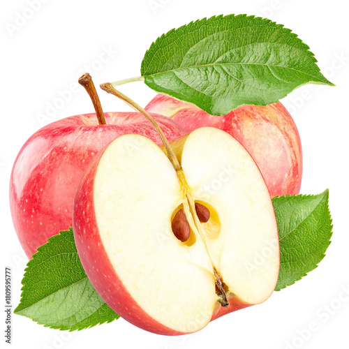 Cut apple with leaves Isolated on white transparent background
