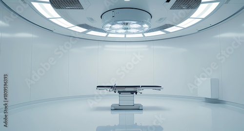 Wide, ambient shot of an exceptionally clean, futuristic, and empty surgical suite. The room features a single metallic operating table under a large