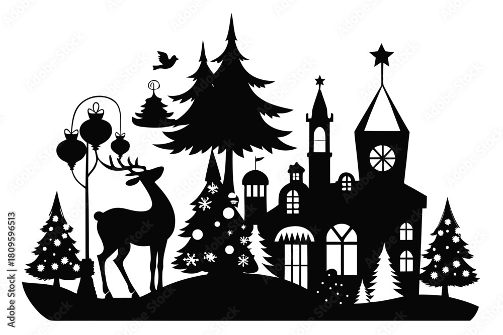 Fototapeta premium christmas sihouette black vector white background 