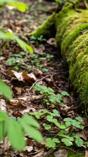 Gentle woodland scene with vibrant green moss covering a fallen log, whispering tales of nature's quiet resilience and the beauty of decay in forest