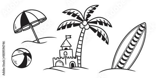 A beach scene illustration with a surfboard, umbrella, palm tree, sandcastle, and beach ball.