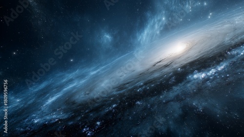 In the boundless darkness of space, a stunning galaxy spirals gracefully, surrounded by countless twinkling stars that illuminate the scene. This galaxy captivates onlookers with i