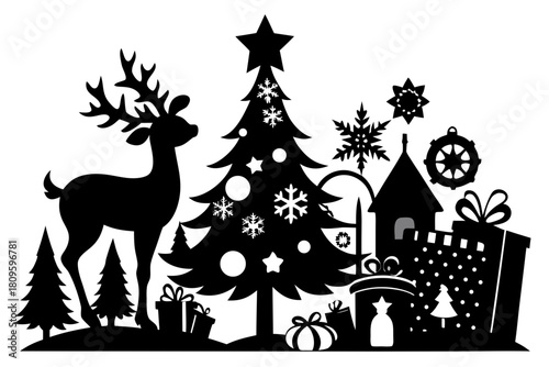 christmas sihouette black vector white background 
