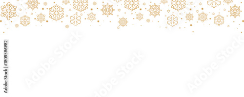 Elegant Christmas and winter vector border with falling golden snowflakes and small stars along the top edge of a plain white background. Horizontal design ideal for banners, headers, greeting card ba