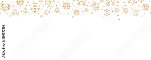Elegant Christmas and winter vector border with falling golden snowflakes and small stars along the top edge of a plain white background. Horizontal design ideal for banners, headers, greeting card ba