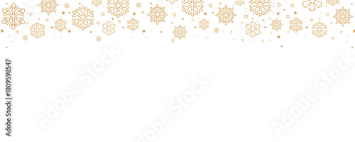 Elegant Christmas and winter vector border with falling golden snowflakes and small stars along the top edge of a plain white background. Horizontal design ideal for banners, headers, greeting card ba