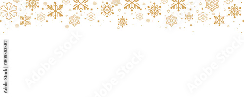 Elegant Christmas and winter vector border with falling golden snowflakes and small stars along the top edge of a plain white background. Horizontal design ideal for banners, headers, greeting card ba