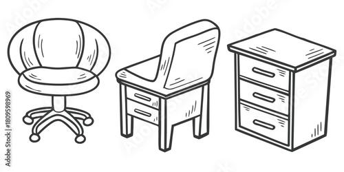 An office chair, a desk chair, and a filing cabinet are depicted in a line drawing.