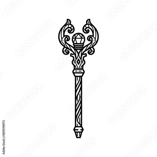 A black and white line art illustration of an ornate scepter or staff with a crystal, isolated on