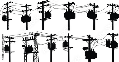 Vector silhouette collection of electric utility poles, transformers, and overhead power lines for industrial energy distribution grid.